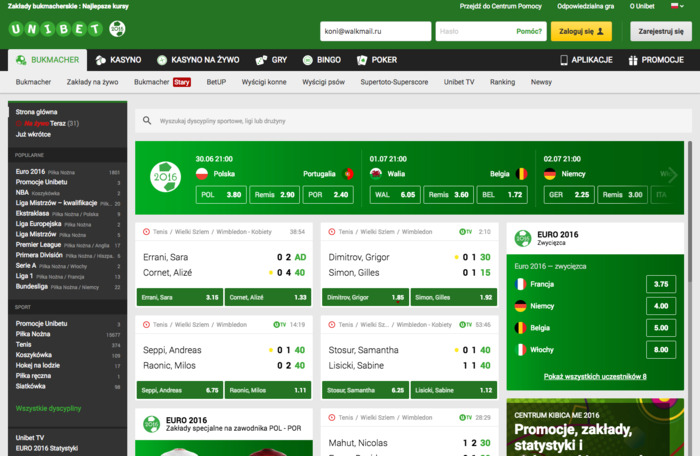 Zakłady bukmacherskie online w kasynie Unibet